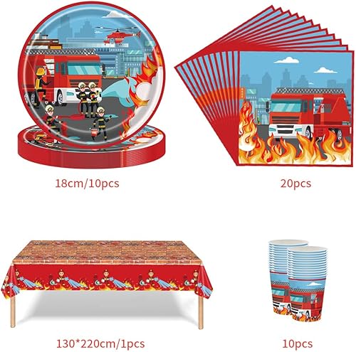 Pompier Vaisselle,Ensemble de vaisselle de pompier, pompier Vaisselle Fête, Kit Vaisselles Anniversaire Nappe, Assiettes,Serviettes et Gobelets en Papier (41PCS) - Nail Gallerys