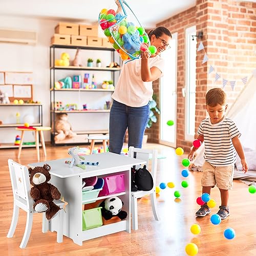 Relaxdays Ensemble table et chaises enfants en bois ALBUS pour les filles et les garçons table avec emplacement pour caisses de rangement, blanc - Nail Gallerys