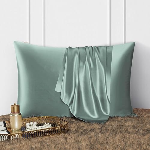 DISANGNI Taie d'oreiller 100 % soie de mûrier naturelle pour les cheveux et la peau avec fermeture éclair dissimulée, 22 mommes, taie d'oreiller en soie véritable des deux côtés Vert clair 40 x 70 cm - Nail Gallerys