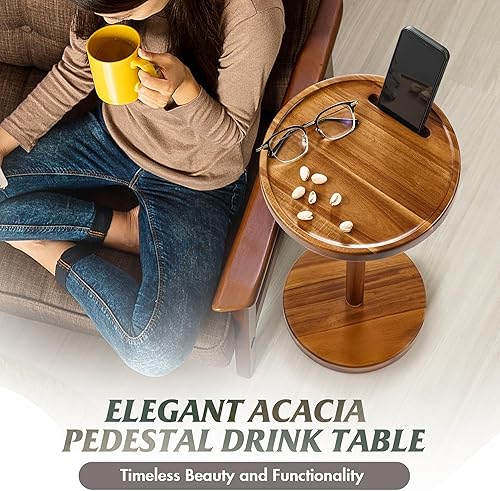 BLUEWEST Table d'appoint compacte de 62 cm de haut avec fente pour téléphone et base lestée, table guéridon durable pour salon, chambre à coucher ou bureau, martini et cocktail (acacia) - Nail Gallerys