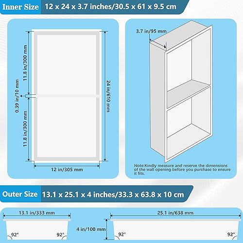 FTL Niche de douche en acier inoxydable, blanc mat avec double couche 305 x 610 x 95 (333 x 640 x 100 mm), niche murale de salle de bain sans carrelage nécessaire, étagère de douche - Nail Gallerys