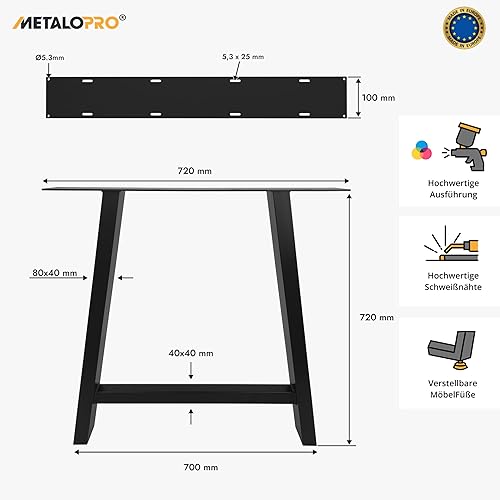 MetaloPro Lot de 2 pieds de table en métal robuste en acier - Patins de table noirs et vis - Protection de sol - Cadre de table pour table basse moderne, table à manger, table de salon - 72 cm - Nail Gallerys