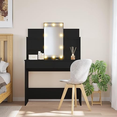 vidaXL Coiffeuse avec Lumières LED, Table de Maquillage avec 2 Tiroirs et 4 Étagères, Table Cosmétique avec Miroir Chambre, Moderne, Chêne Sonoma - Nail Gallerys