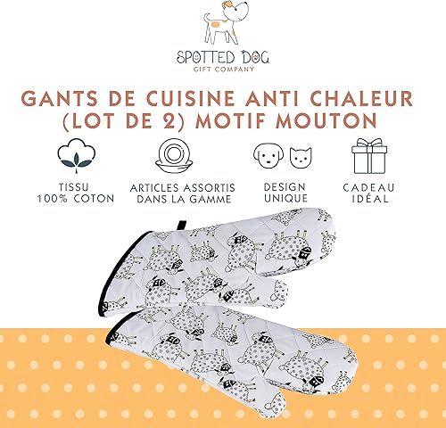 SPOTTED DOG GIFT COMPANY Gants de Four Anti Chaleur au Mignon Mouton Imprimé, 100% Coton Maniques Cuisine avec Boucle Suspendue, Idées Cadeau pour Les Amoureux des Moutons, 1 Paire 35x17cm - Nail Gallerys