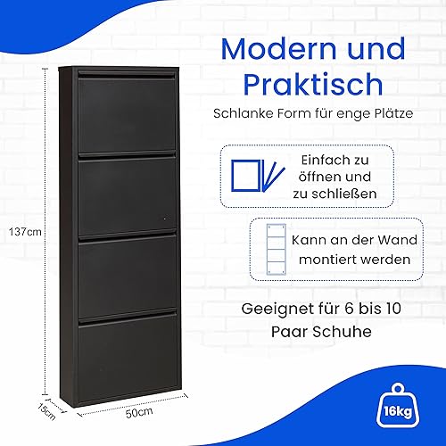 VEEHAUS Étagère à chaussures, étroite, haute, armoire à chaussures, avec couvercle magnétique, montage mural, en métal (blanc, 4 abattants) - Nail Gallerys