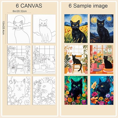 WEBEEDY Ensemble de Peinture Sur Toile Pré Dessinée 6 Pack Chat Noir Fleurs Toile Pré Imprimée Panneaux de Toile de Peinture D'Animaux DIY de 20x25cm pour Fournitures de Fête de Peinture pour Adultes - Nail Gallerys