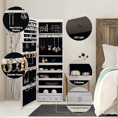 HOUSE DAY Armoire à Bijoux à 6 Lumières LED Extra Large Stockage Spacieux Organiseur avec Porte Murale verrouillable avec Miroir intégral avec 2 Tiroirs Blanc - Nail Gallerys