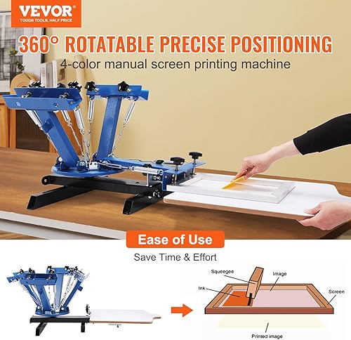 VEVOR Machine de Sérigraphie 4 Couleurs 1 Station Presse à Sérigraphie Plateau 54 x 45 cm Machine d'Impression à Écran Rotative à 360° pour Impression à Plat T-shirt Vêtements Bois Plastique Papier - Nail Gallerys