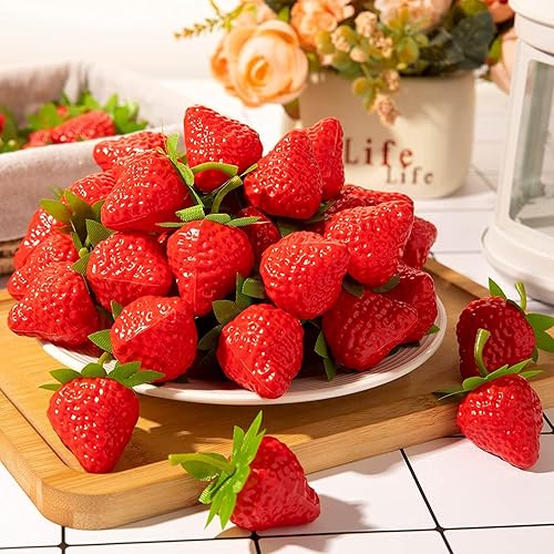 SYOZPXY Lot de 40 fraises artificielles en plastique - Fraises rouges - Pour la maison, la cuisine, la fête, la décoration de la photographie - Nail Gallerys