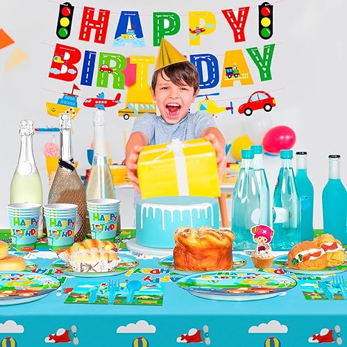 Décorations de fête D'anniversaire de Transport ,104pcs Transport Vaisselle de fête -Thème Bannière, Nappe, Tasses, Serviettes &Assiettes à Thème Décorations Fournitures de Transport - Nail Gallerys