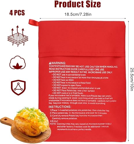 4 Pièces Sacs de Cuisson pour Pommes de Rerre,18.5x25.5cm Lavable et Réutilisable Sac de Cuisson Micro,Cuisson Micro-Ondes pour Pommes de Terre,Sac Cuisson Pomme,Idéal pour Maïs,Patates Douces(Rouge) - Nail Gallerys