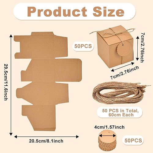 NAROSEBE 50 Pcs Petite Boîte Cadeau, Boîte Kraft 7x7x7cm, Boîte Carton Kraft avec Corde et Étiquette, Petite Boîte Carton Marron, Mini Boite Cadeau, Boîte Kraft Bonbon, pour Fête Anniversaire Mariage - Nail Gallerys