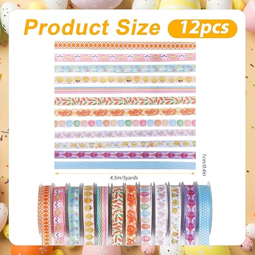 12 Rouleaux de Ruban de Pâques, 1cmx4,5m Par Rouleau Poussin Lapin Ruban d'ouf de Pâques Ruban Gros-Grain de Pâques Ruban Emballage Cadeau pour Travaux Manuels Décoration de Fête - Nail Gallerys
