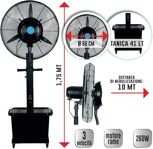 KOEM Ventilateur nébuliseur Magnum noir électrique à pied oscillant refroidisseur longue distance à 3 vitesses avec réservoir et roues pour usage civil et industriel (Ø 66 cm) - Nail Gallerys
