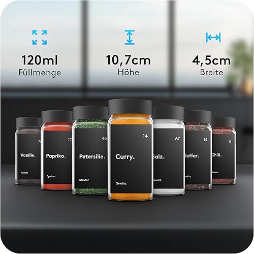 ZMILLA® Lot de 24 pots à épices carrés noirs avec bac à saupoudrer | Avec 240 étiquettes + stylo acrylique + entonnoir en aluminium | Rangement des épices - Nail Gallerys