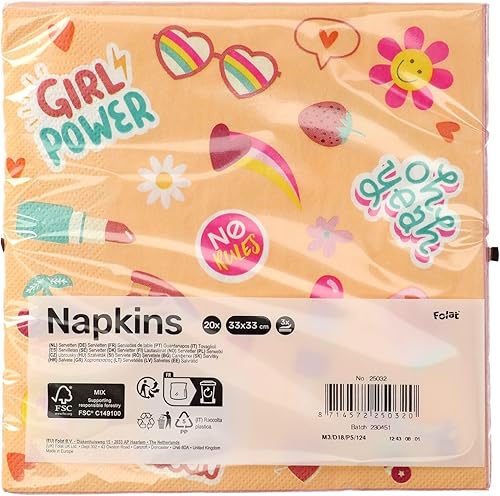 Folat 25032 Groovy Hippie Party-Serviettes-Boho Girlz-33 x 33 cm-20 pièces-Rétro Rainbow Peace pour Décorations, Rose - Nail Gallerys