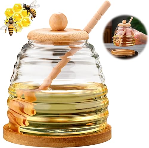 Pot a Miel 500 ml - Pots de Miel avec Cuillere en Bois, Cuillère à Miel, Distributeur de Miel, Pots à Miel à Large Ouverture, Récipient en Verre Scellé, Pot à miel en bois dacacia avec couvercle - Nail Gallerys