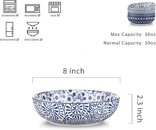Selamica Lot de 4 bols à pâtes en céramique de 887 ml - Bol de service large et peu profond - Passe au micro-ondes et au lave-vaisselle - Bleu vintage - Nail Gallerys