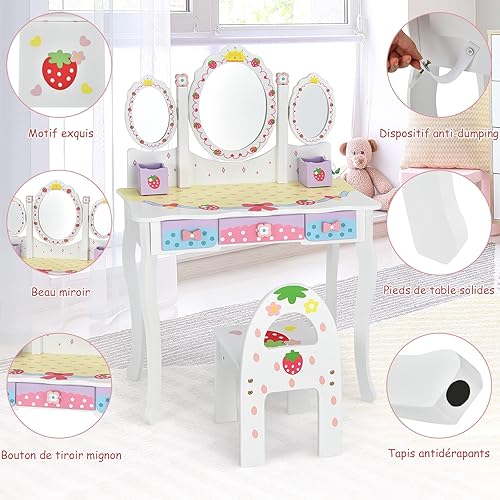 COSTWAY Coiffeuse pour Enfants de 3+ Ans, Ensemble Coiffeuse et Chaise avec Miroir Pliable à Trois Volets, 3 Tiroirs et 2 Boîte de Rangement, 70 x 34 x 105 cm, Rose… - Nail Gallerys