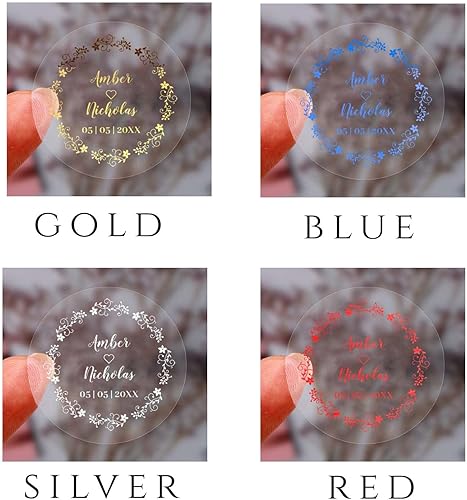 autocollant personnalisé etiquettes Noms et date de guirlande florale romantique pour le décor d'or de noce de mariageAutocollants transparents - Nail Gallerys