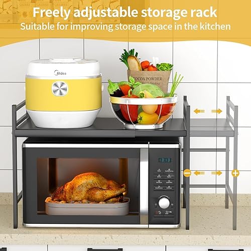 CIRULLI Etagere micro ondes extensible à 2 niveaux, etagere micro onde vertical avec 4 crochets en S,support de cuisine pratique pour plan de travail, organisateur de cuisine, noir - Nail Gallerys