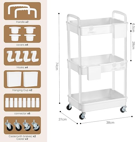 FoiiLiio Chariot de Cuisine a 3 Niveaux,Chariot Mobile,Chariots de Cuisine pour Salle de Bain,gobelets Suspendus supplémentaires,Étagère de Cuisine avec roulettes,pour Cuisine,Salle Bain,Bureau,Blanc - Nail Gallerys