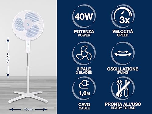 BEPER P206VEN103 Ventilateur sur pied 3 pales, hauteur réglable jusqu'à 125 cm, 3 vitesses, oscillation automatique, montage facile sans outils, grille en acier de 40 cm, base croisée, 40 W - Nail Gallerys