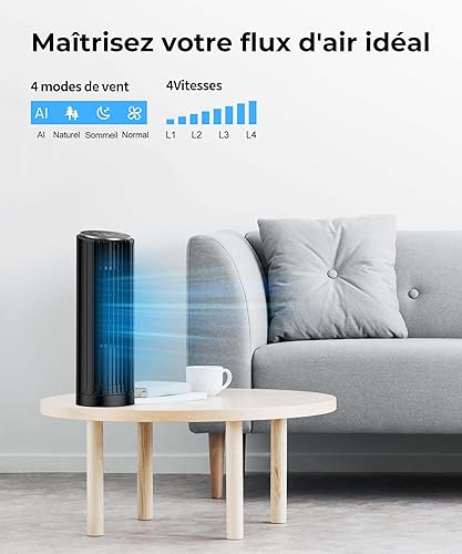 PNTCK Ventilateur colonne de Tour avec Télécommande, 33 cm Ventilateur ultra silencieux(24 dB) - 4 Modes & 4 Vitesses, Oscillation 70°, Minuterie 12H, Affichage LED, Fonction Automatique avec Capteur - Nail Gallerys