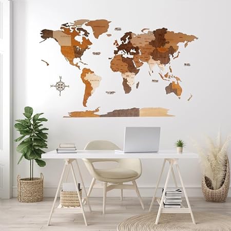 AREDE Carte du Monde en Bois 3D (120 x 75 cm) Multicouche Murale – Décoration Moderne pour Salon, Bureau, Chambre – Idée Cadeau Originale – Design Élégant avec Détails Précis - Nail Gallerys