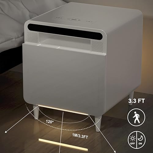 BEdaw Table de Chevet Intelligente, Smart Homeniture Table D'Appoint Métallique Gris Argenté Pour Salon Avec Chargeur Sans Fil Usb, Avec Réfrigérateur 2/3 Tiroirs - Nail Gallerys