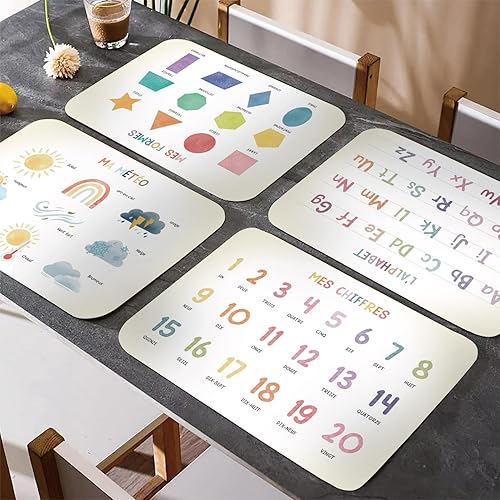 Lot de 4 Éducatifs Set de Table pour Enfant - Plastique Sets de Table Lavable en PVC Cuir - ABC Alphabet Lettres Météo Chiffres Formes - Antidérapant - Cadeau de Rentrée Scolaire - Taille A3 - Nail Gallerys