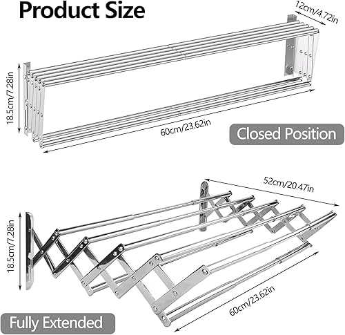 ChaneeHann Étendoir à Linge Mural Pliable,Étendoir Rétractable,Porte - Serviettes en Acier Inoxydable Pliable à 7 Tiges,Séchoir pour Intérieur et Extérieur Économisant de l'espace,60x 52 x 18.5cm - Nail Gallerys