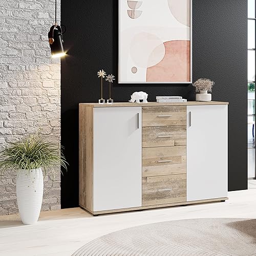 Stella Trading Commode BOBBY en aspect chêne Sonoma, blanc - Buffet moderne avec beaucoup d'espace de rangement pour votre salon - 80 x 82 x 35 cm (L/H/P) - Nail Gallerys