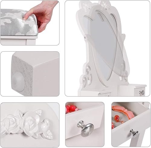 Jooli H Coiffeuse blanche pour enfants avec miroir et tabouret, miroir rabattable en forme de cœur et 3 tiroirs, bureau de maquillage pour filles de 3 à 9 ans - Nail Gallerys