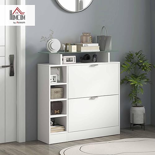 HOMCOM Meuble à Chaussures Moderne avec Deux tiroirs rabattables pour 12 Paires, Armoire à Chaussures avec Plateau en Verre et étagères réglables, 89 x 25 x 92 cm, Blanc - Nail Gallerys