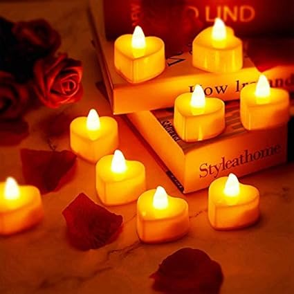 Mudder 12 Pièces LED Bougies Chauffe-Plat Forme de Cœur LED Bougies d’Amour avec 200 Pétales de Rose en Soie Fausses Pétales de Dispersion pour Saint-Valentin (Lumière Jaune, Pétale Rouge Foncé) - Nail Gallerys