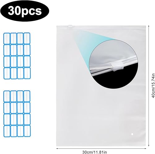 TNSLAND Lot de 30 grands sacs à fermeture éclair réutilisables - 40 x 30 cm - Avec étiquettes autocollantes - Fermeture éclair - Sacs de rangement pour vêtements, chaussures, cosmétiques - Nail Gallerys