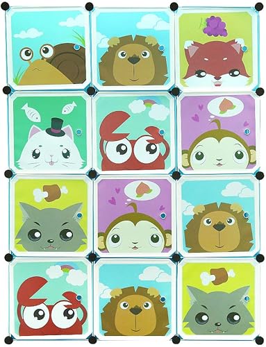 Glit Meuble de Rangement Enfant 12 Cubes, Armoire Modulable avec Portes, Motifs d'animaux, Étagère en Plastique pour Jouets, Vêtements et Sacs d'école (Bleu) HJ2547899 - Nail Gallerys