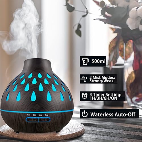 Diffuseur d'huiles essentielles, 500 ML, 7 Couleurs LED, 4 paramètres de minuterie, arrêt Automatique sans Eau, sans BPA, pour la Maison, la Chambre de bébé, Le Salon, la Chambre, Le Spa, Le Bureau - Nail Gallerys