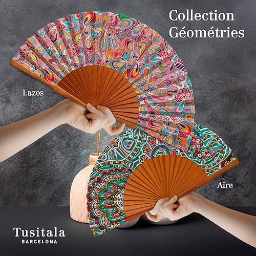 Tusitala Barcelona Collection Looking Up - Éventail Espagnol Artisanal en Bois et Coton -Accessoire Élégant - Fait à la main - Housse en jute naturelle incluse - Cadeau Unique - 23 cm. - Nail Gallerys