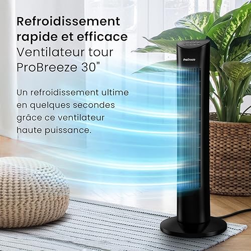 Pro Breeze Ventilateur Colonne Oscillante, Tour de 79 cm, Oscillation 70°, 60 Watts, 3 Vitesses - Télécommande et Minuterie, Programmable, Adapté pour la Maison et le Bureau - Noir - Nail Gallerys