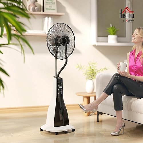 HOMCOM Ventilateur brumisateur sur roulettes 90 W, ventilateur sur pied 125 cm avec télécommande, minuterie, oscillation à 75°, tête inclinable, 3 vitesses, réservoir d'eau de 3L, noir et blanc - Nail Gallerys