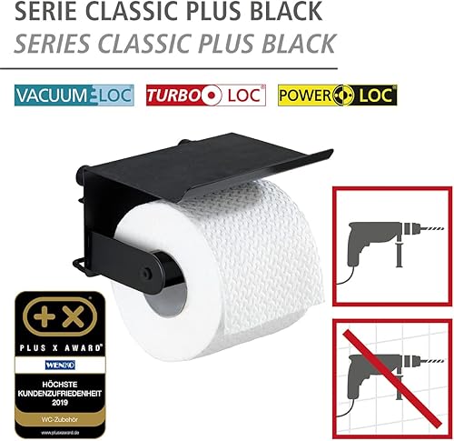 WENKO Dérouleur papier WC avec tablette Classic Plus noir Porte-rouleaux avec tablette de rangement et protection antirouille de qualité supérieure Noir - Nail Gallerys