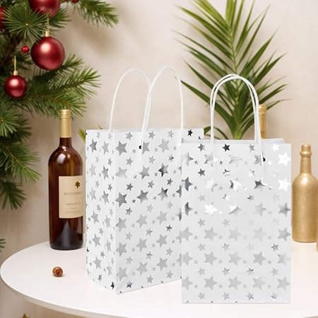Wisebom 12 Pièces Sacs Cadeaux en Papier Kraft avec Poignée Grand Sac Cadeau Sac Cadeau Anniversaire Déal pour Emballage Cadeaux, Célébrations, Noël, Mariage, Fête (Argent) - Nail Gallerys