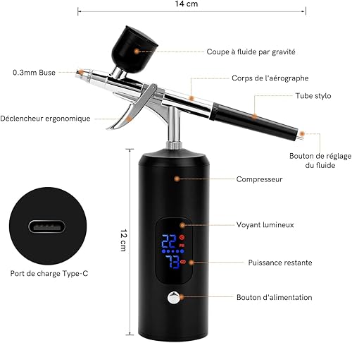 BriSunshine Kit Aérographe Sans Fil, 38PSI Réglable avec Compresseur, Rechargeable, Écran LCD, Tuyau Extension, Idéal pour Coiffure, Nail Art, Décoration Gâteaux, Maquillage, Peinture Modélisme - Nail Gallerys