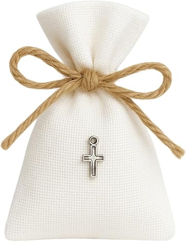 CREATI’L Lot de 25 Pochettes en Tissu Blanc avec Croix + Ficelle– Sachets à Dragées, Cadeaux Invités Baptême, Communion, Mariage – Contenant Bijoux, Bonbons, Souvenirs – Élégant et Réutilisable - Nail Gallerys