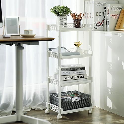 SONGMICS Chariot Roulant, Meuble de Rangement Mobile, Commode sur roulettes, pour Cuisine, Salle de Bain, Bureau, 4 Niveaux, Hauteur de 86cm KSC04WT - Nail Gallerys