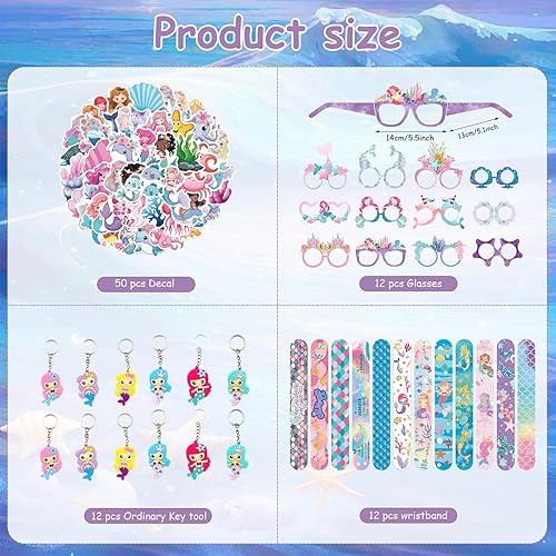 86PCS Set De Cadeaux D'Anniversaire De Sirène Pour Enfants, Sacs De Fête De Sirène Avec 12 Bracelets + 12 Porte-Clés + 12 Lunettes De Fête + 50 Autocollants, Pour Filles Cadeaux De Fête - Nail Gallerys