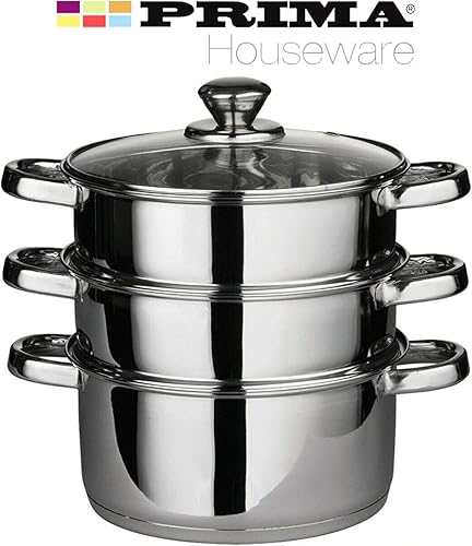 Prima Kitchen Cuiseur vapeur 22 cm avec couvercle en verre et poignées en acier inoxydable 3 étages Fond capsulé Prima Kitchen Home Cook Chef Healthy Veg Cooking Cadeaux de pendaison de crémaillère - Nail Gallerys
