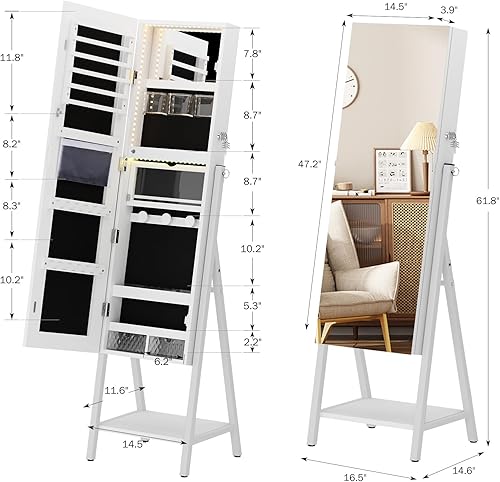 soges Armoire à Bijoux sur pied avec Étagère de Rangement, Armoire à Bijoux Verrouillable, Armoire à Bijoux avec Miroir à Pleine Longueur, Porte-bijoux avec Miroir, Blanc - Nail Gallerys